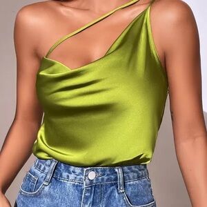 Lime Green Satin Asymmetric Strap Bodysuit